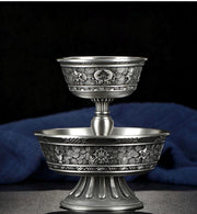Tibetan Pewter Offering Bowl with 8 Auspicious Symbols, Buddhist Altar Ritual Cup, Footed Holy Water Chalice, Spiritual Meditation Decor