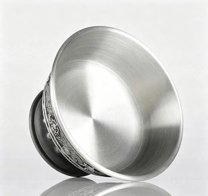 Tibetan Pewter Offering Bowl with 8 Auspicious Symbols, Buddhist Altar Ritual Cup, Footed Holy Water Chalice, Spiritual Meditation Decor