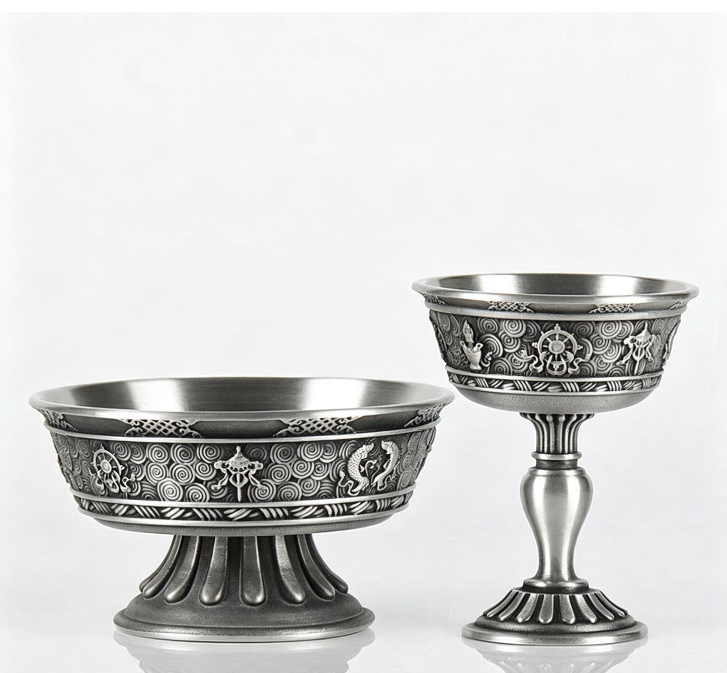 Tibetan Pewter Offering Bowl with 8 Auspicious Symbols, Buddhist Altar Ritual Cup, Footed Holy Water Chalice, Spiritual Meditation Decor