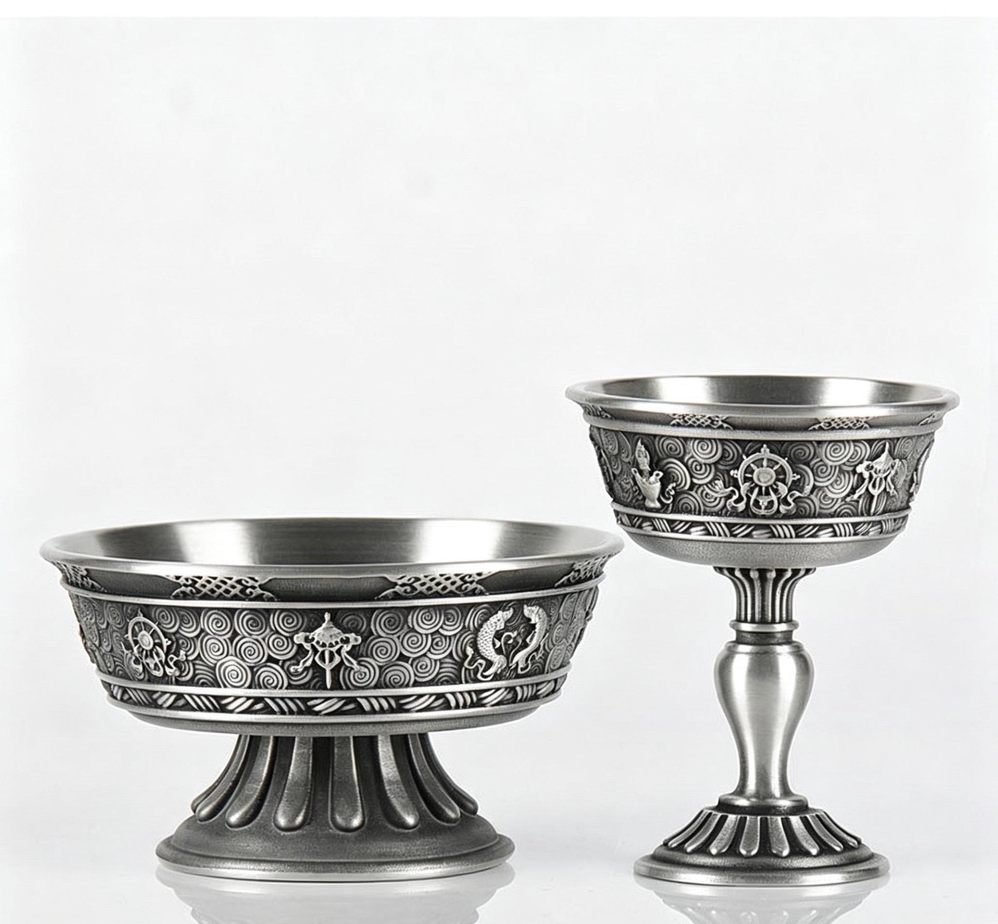 Tibetan Pewter Offering Bowl with 8 Auspicious Symbols, Buddhist Altar Ritual Cup, Footed Holy Water Chalice, Spiritual Meditation Decor