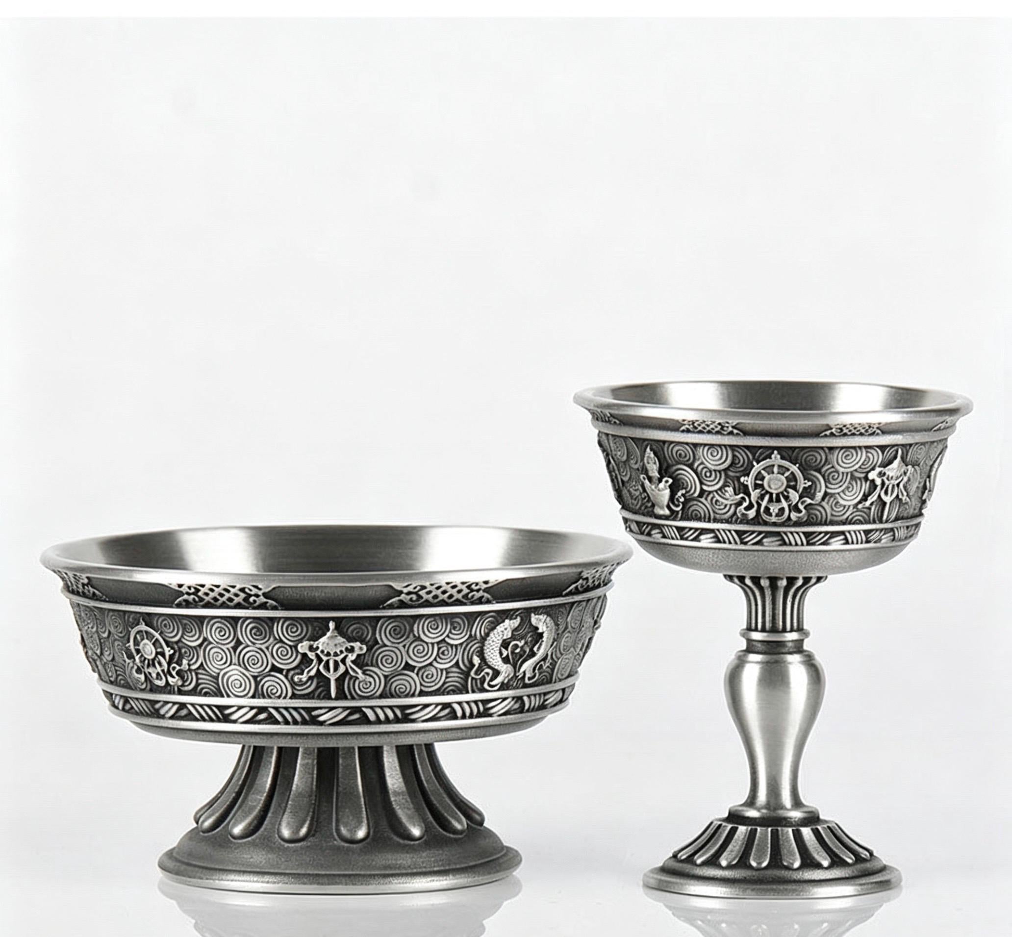 Tibetan Pewter Offering Bowl with 8 Auspicious Symbols, Buddhist Altar Ritual Cup, Footed Holy Water Chalice, Spiritual Meditation Decor