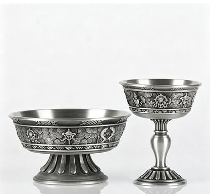 Tibetan Pewter Offering Bowl with 8 Auspicious Symbols, Buddhist Altar Ritual Cup, Footed Holy Water Chalice, Spiritual Meditation Decor