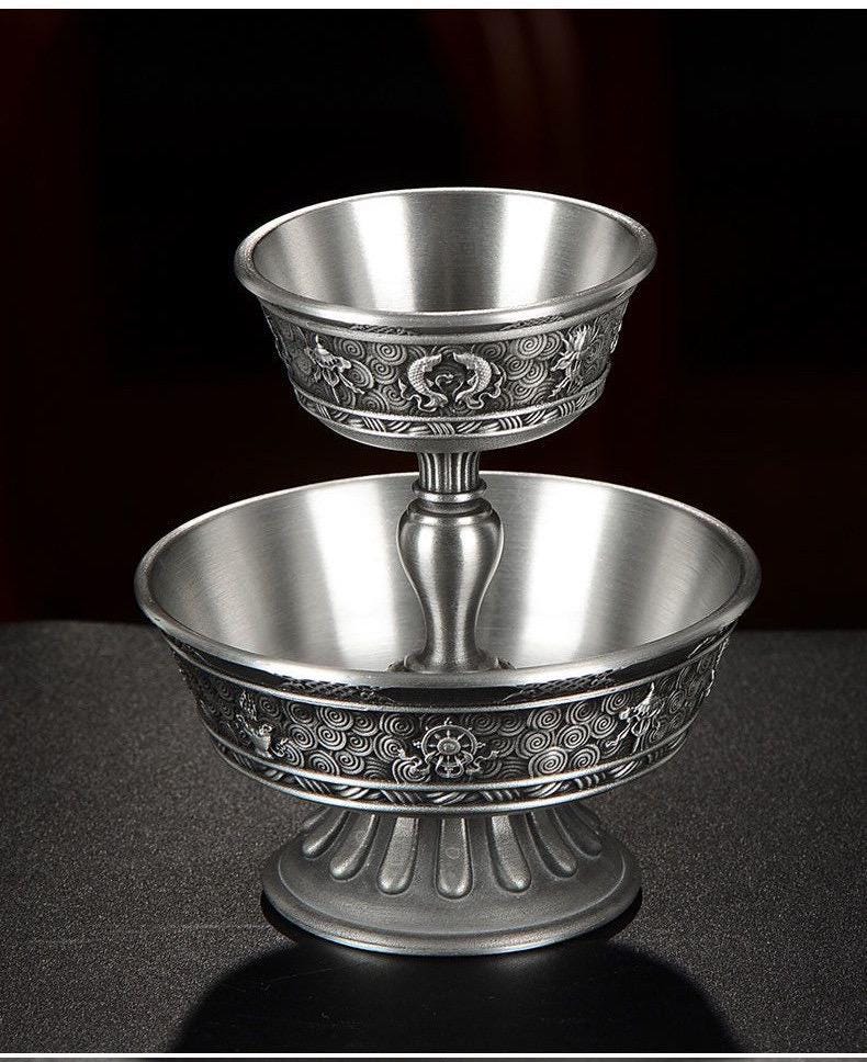 Tibetan Pewter Offering Bowl with 8 Auspicious Symbols, Buddhist Altar Ritual Cup, Footed Holy Water Chalice, Spiritual Meditation Decor
