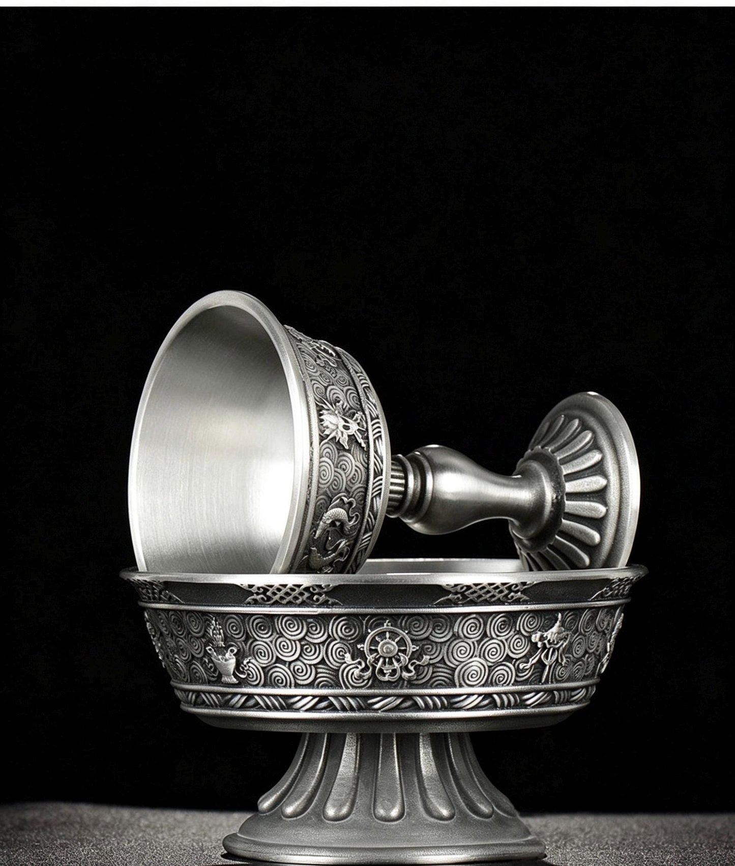 Tibetan Pewter Offering Bowl with 8 Auspicious Symbols, Buddhist Altar Ritual Cup, Footed Holy Water Chalice, Spiritual Meditation Decor
