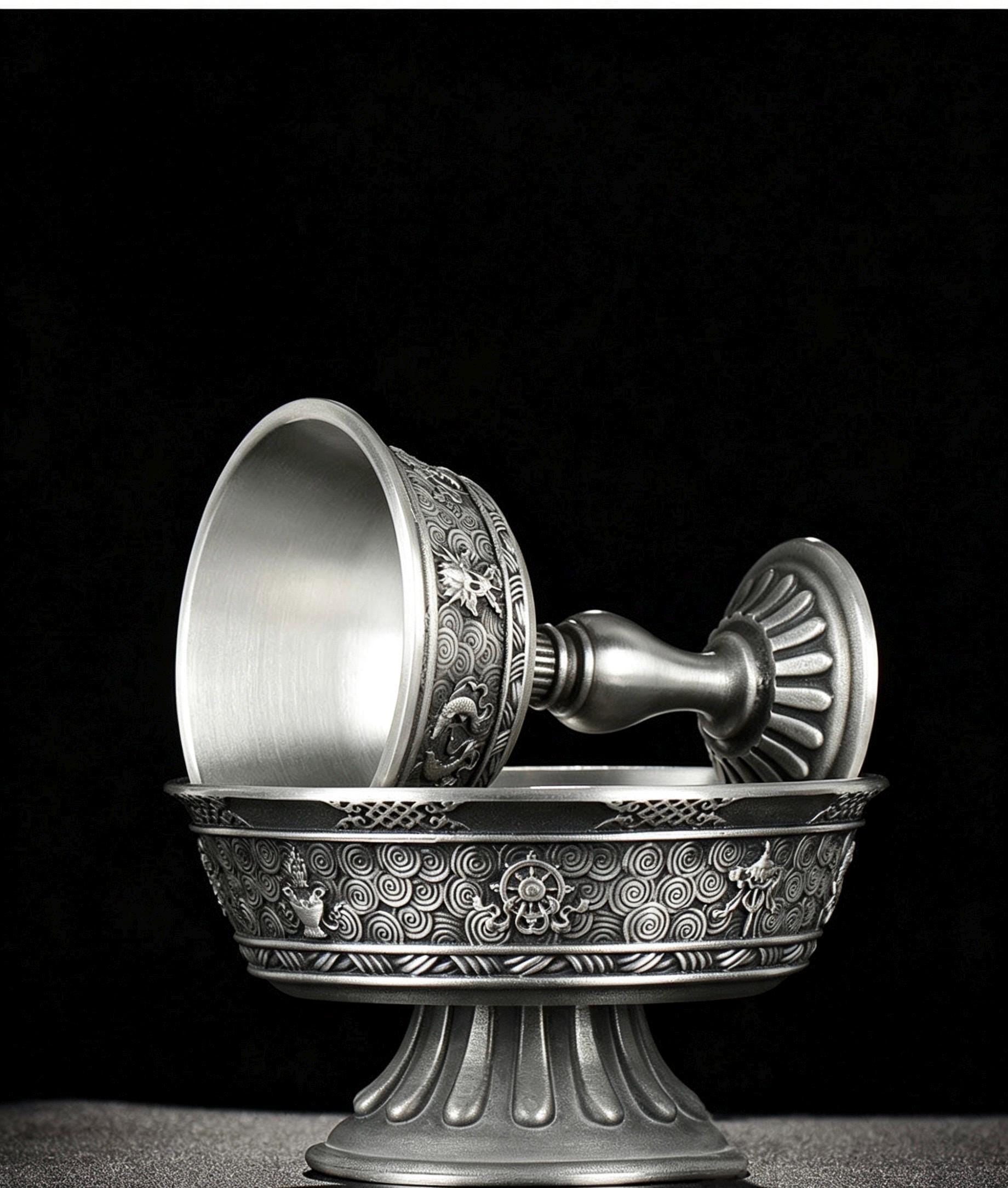 Tibetan Pewter Offering Bowl with 8 Auspicious Symbols, Buddhist Altar Ritual Cup, Footed Holy Water Chalice, Spiritual Meditation Decor