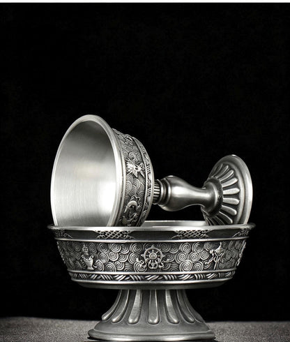 Tibetan Pewter Offering Bowl with 8 Auspicious Symbols, Buddhist Altar Ritual Cup, Footed Holy Water Chalice, Spiritual Meditation Decor