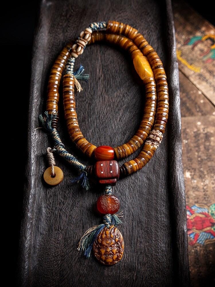 Tibetan Yak Bone Mala 108 Prayer Beads Antique Buddhist Rosary Vintage Yak Bone Bracelet Meditation Mala Healing Spirit Beads Boho