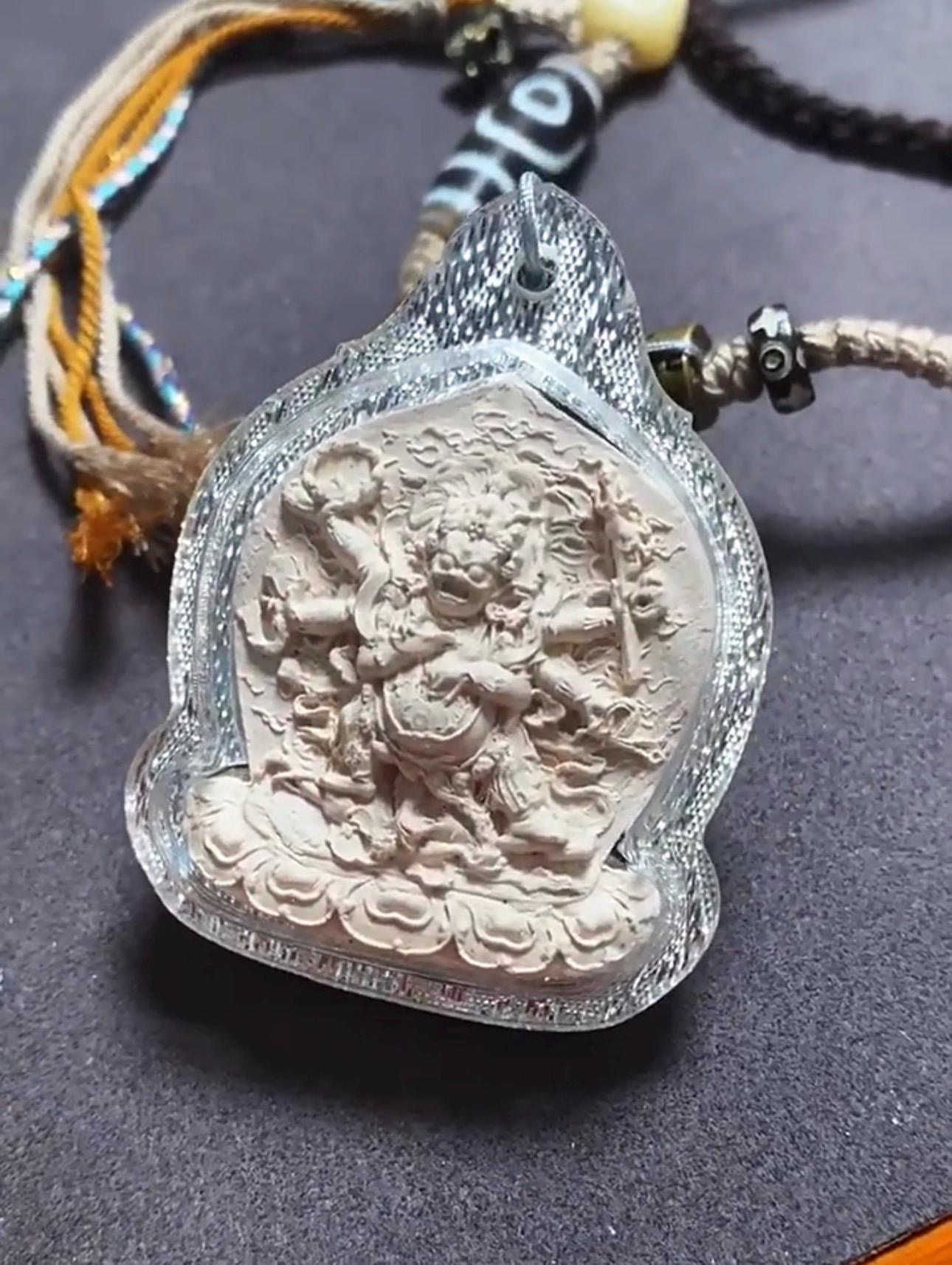 Six Armed Mahakala Thangka Pendant, Tibetan Medicine Clay Tsa Tsa Necklace, Buddhist Amulet Gau Box, Six-Arm Daheitian Talisman Jewelry