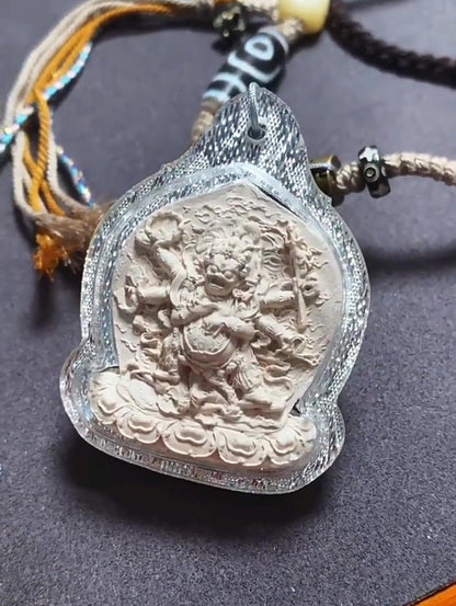 Six Armed Mahakala Thangka Pendant, Tibetan Medicine Clay Tsa Tsa Necklace, Buddhist Amulet Gau Box, Six-Arm Daheitian Talisman Jewelry