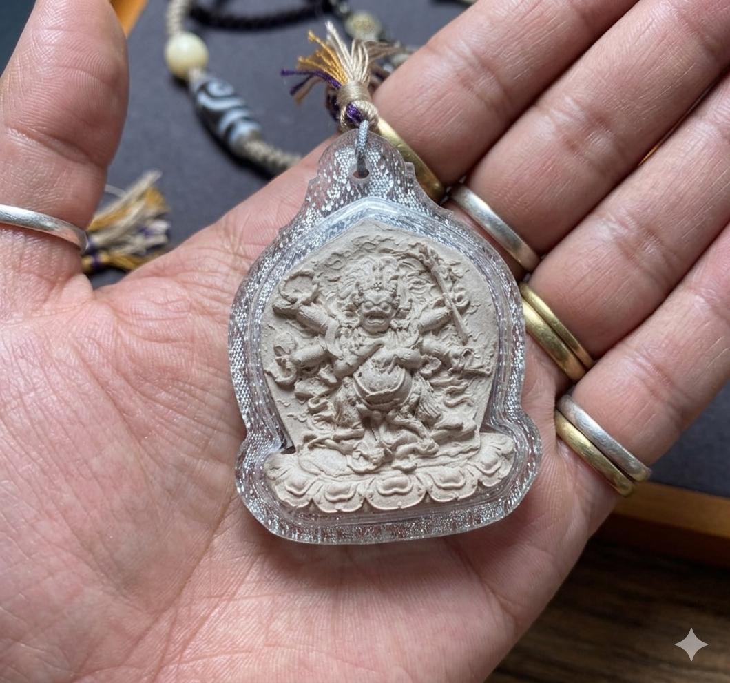 Six Armed Mahakala Thangka Pendant, Tibetan Medicine Clay Tsa Tsa Necklace, Buddhist Amulet Gau Box, Six-Arm Daheitian Talisman Jewelry