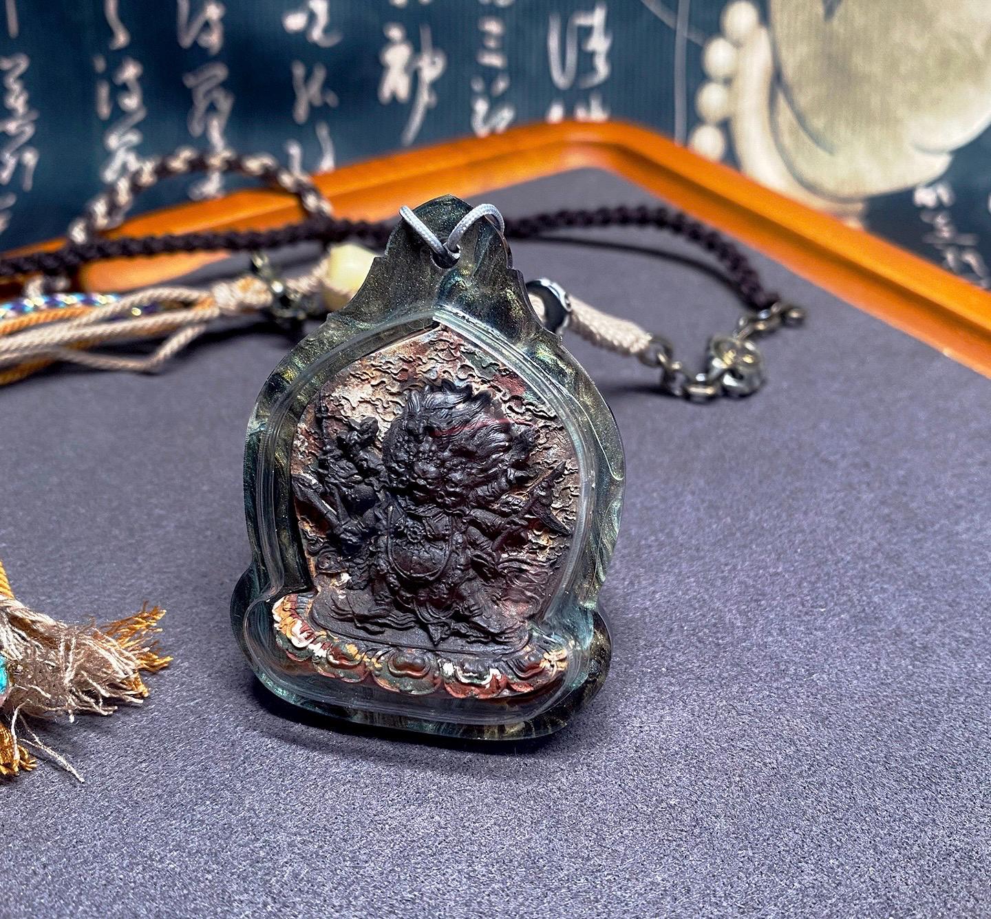 Hayagriva Thangka Pendant, Multi Color Splice Medicine Clay Tsa Tsa Necklace, Tibetan Buddhist Amulet Gau Box, Wrathful Deity Talisman