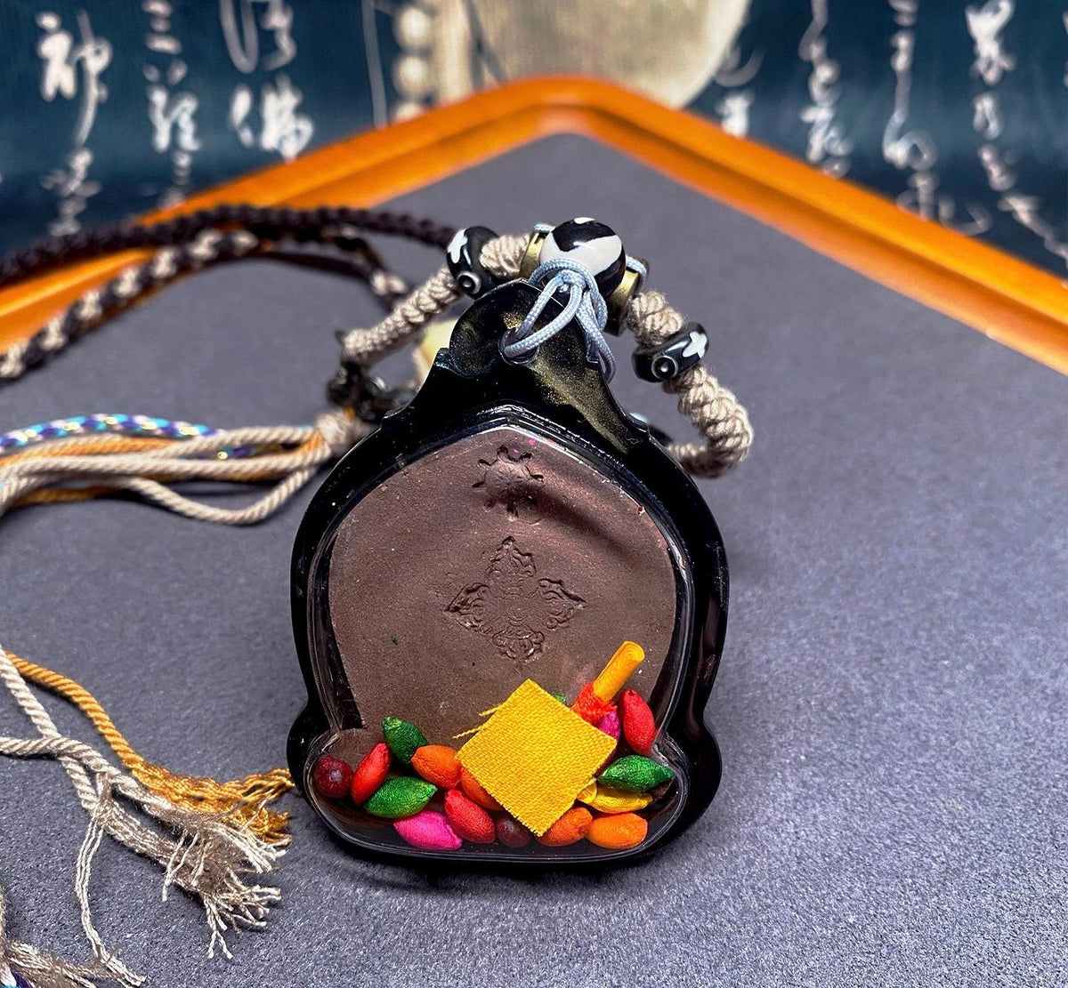 Hayagriva Thangka Pendant, Multi Color Splice Medicine Clay Tsa Tsa Necklace, Tibetan Buddhist Amulet Gau Box, Wrathful Deity Talisman
