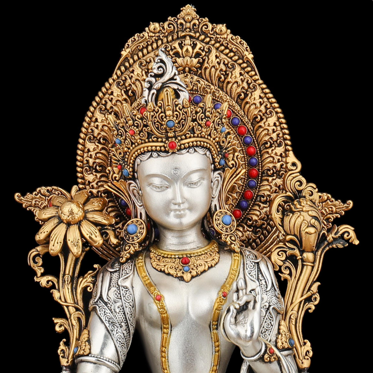 Nepali Green Tara Statue, Silver Plated Gold Gilded Copper Bodhisattva, Tibetan Buddhist Home Altar Decor, White Tara Blessing Sculpture