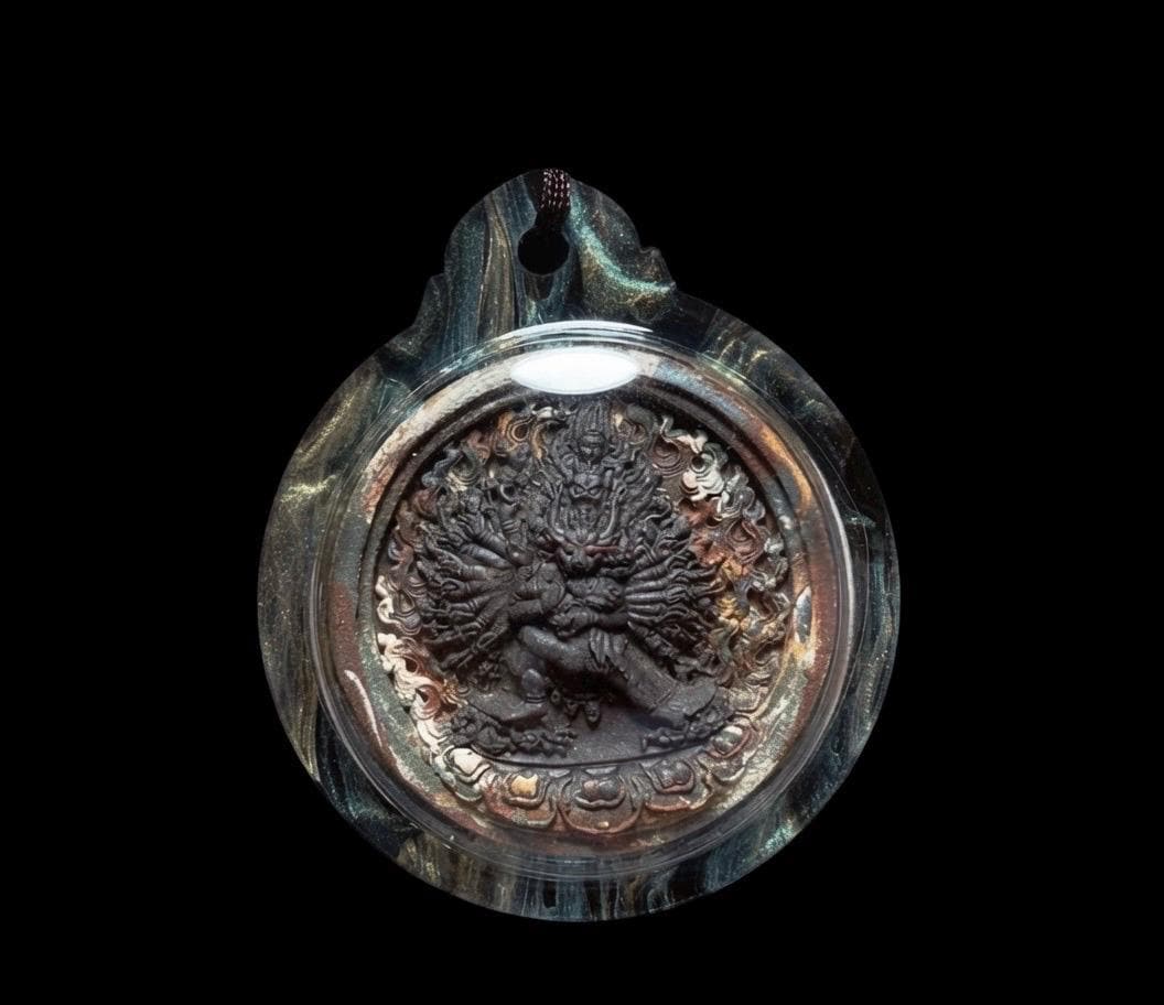 Tibetan Yamantaka Tsatsa Pendant, Multi Color Clay Amulet, Vajrayana Buddhism Gau Box Necklace, Buddhist Art Thangka Medallion Jewelry