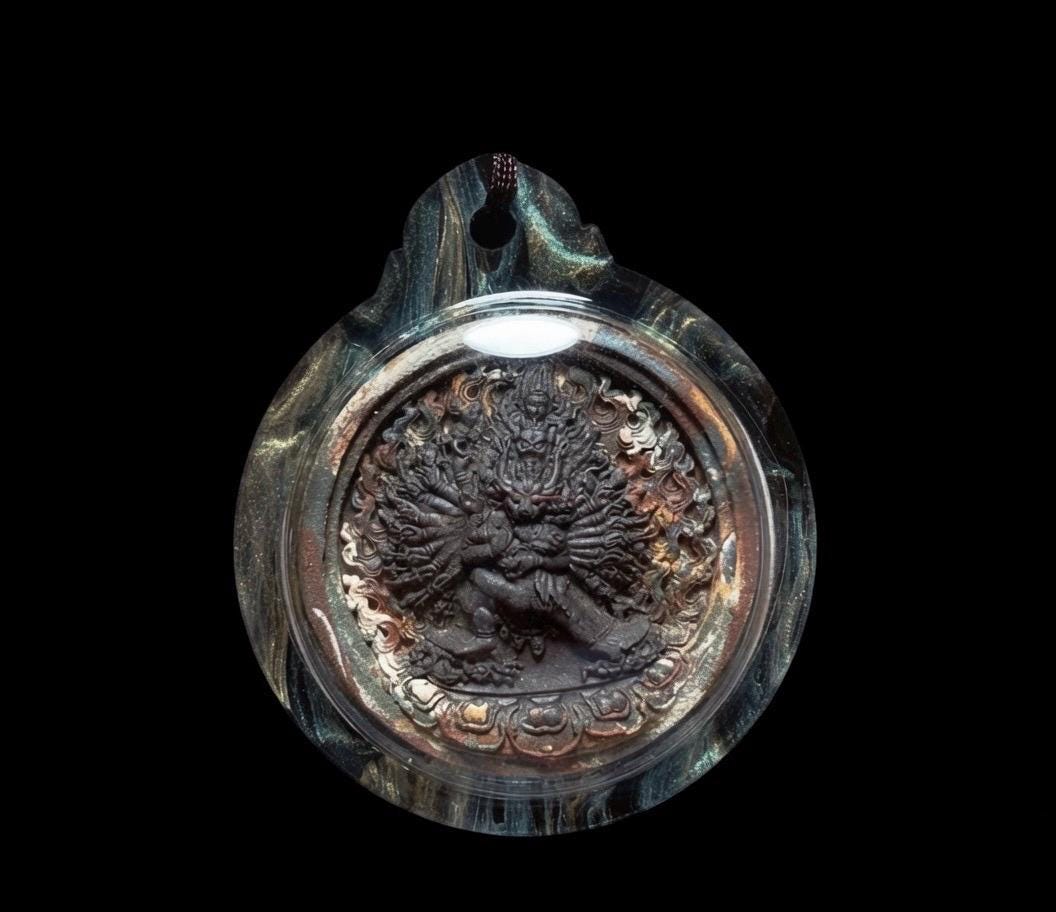 Tibetan Yamantaka Tsatsa Pendant, Multi Color Clay Amulet, Vajrayana Buddhism Gau Box Necklace, Buddhist Art Thangka Medallion Jewelry