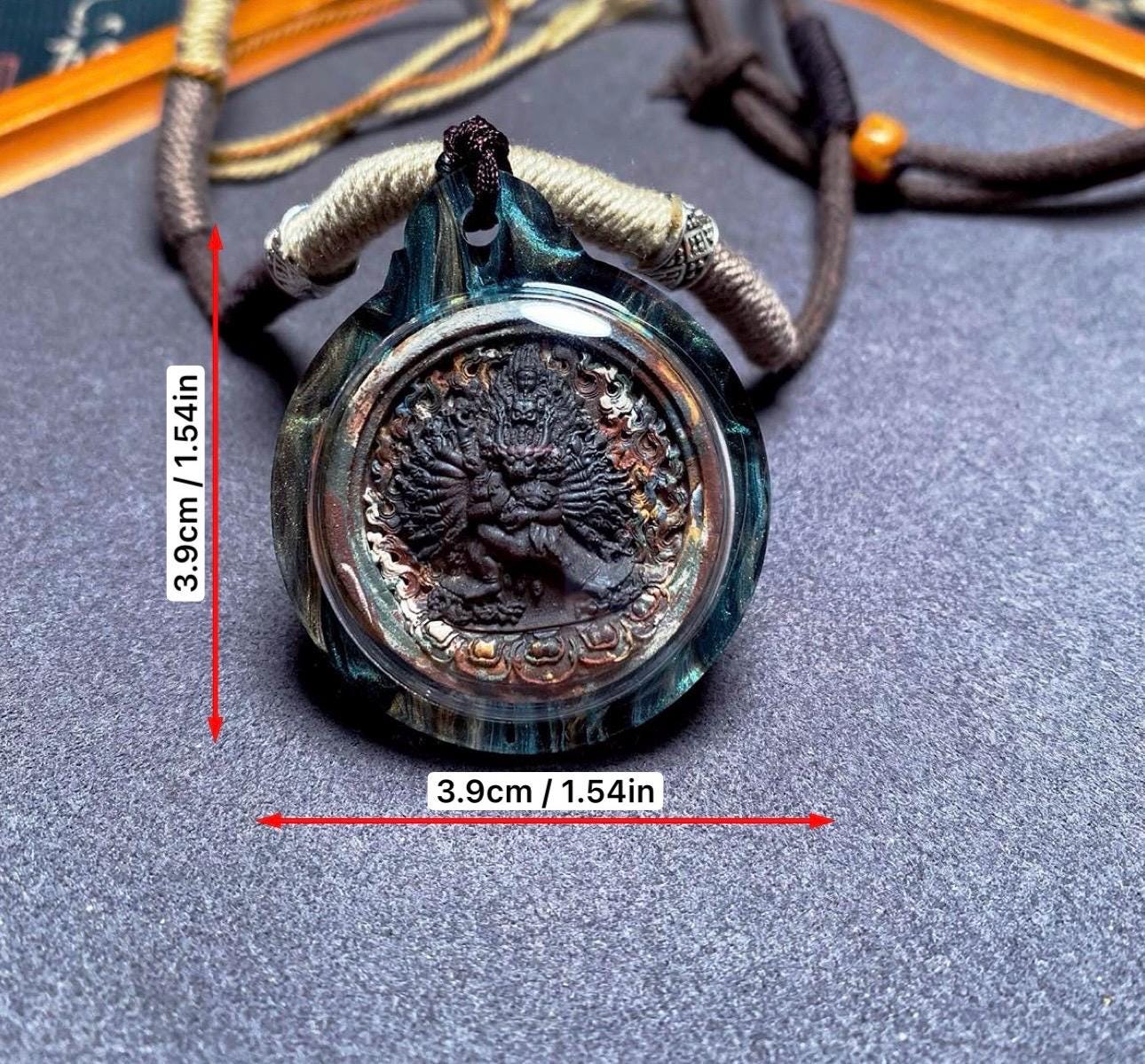 Tibetan Yamantaka Tsatsa Pendant, Multi Color Clay Amulet, Vajrayana Buddhism Gau Box Necklace, Buddhist Art Thangka Medallion Jewelry