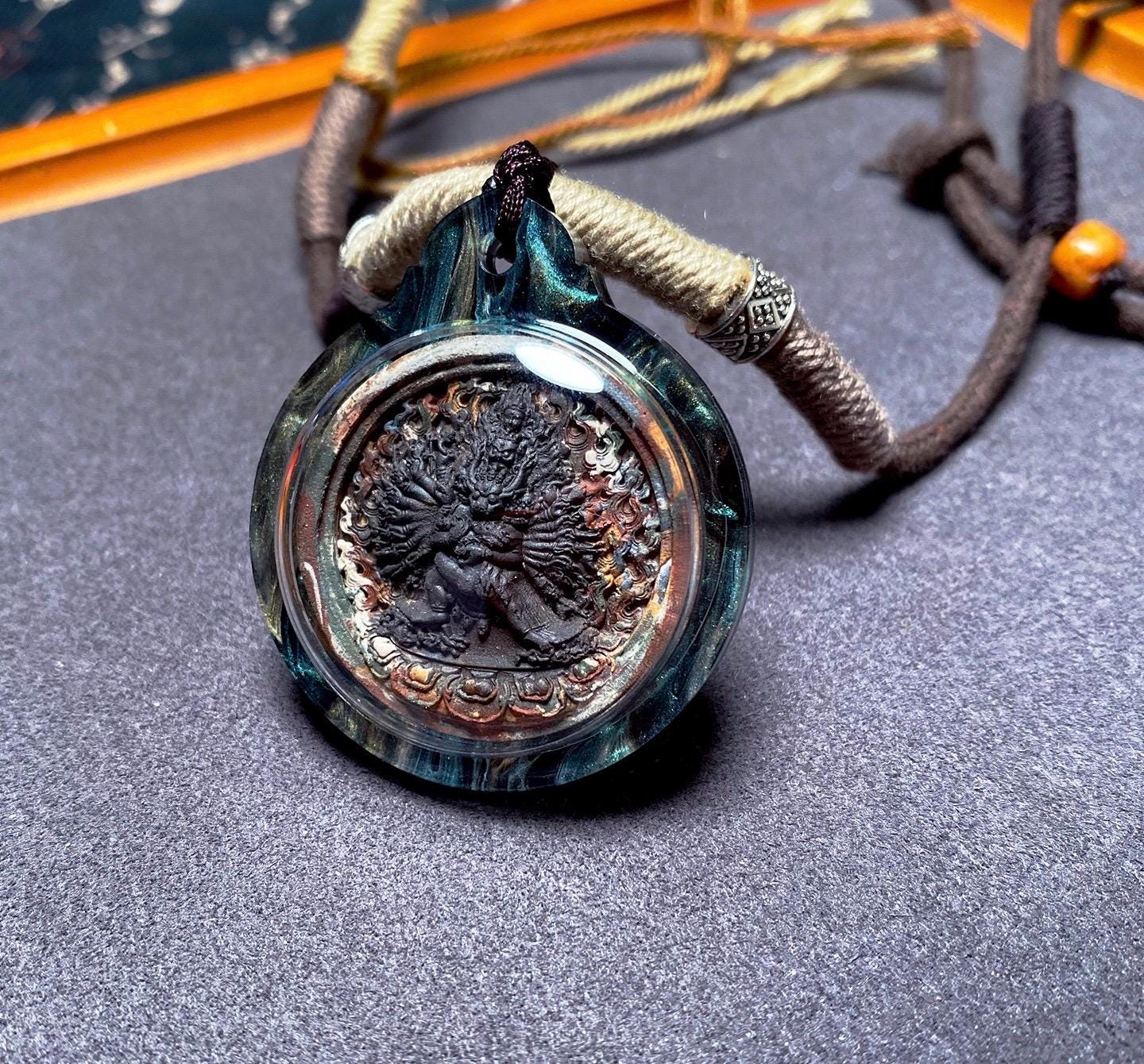 Tibetan Yamantaka Tsatsa Pendant, Multi Color Clay Amulet, Vajrayana Buddhism Gau Box Necklace, Buddhist Art Thangka Medallion Jewelry