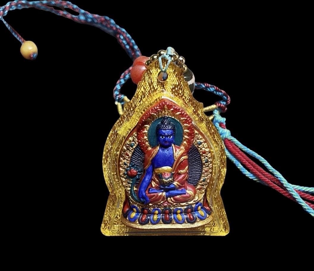 Hand-Painted Medicine Buddha Tsatsa Pendant, Mineral Pigment Tibetan Amulet, Spiritual Healing Talisman Necklace, Miniature Thangka Art Gift