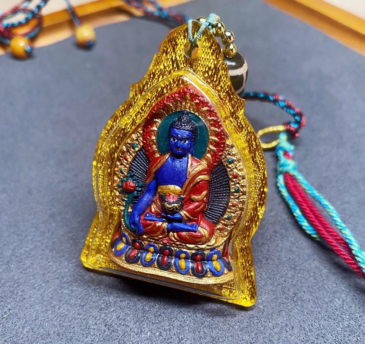 Hand-Painted Medicine Buddha Tsatsa Pendant, Mineral Pigment Tibetan Amulet, Spiritual Healing Talisman Necklace, Miniature Thangka Art Gift