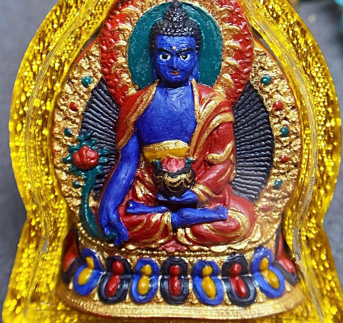 Hand-Painted Medicine Buddha Tsatsa Pendant, Mineral Pigment Tibetan Amulet, Spiritual Healing Talisman Necklace, Miniature Thangka Art Gift