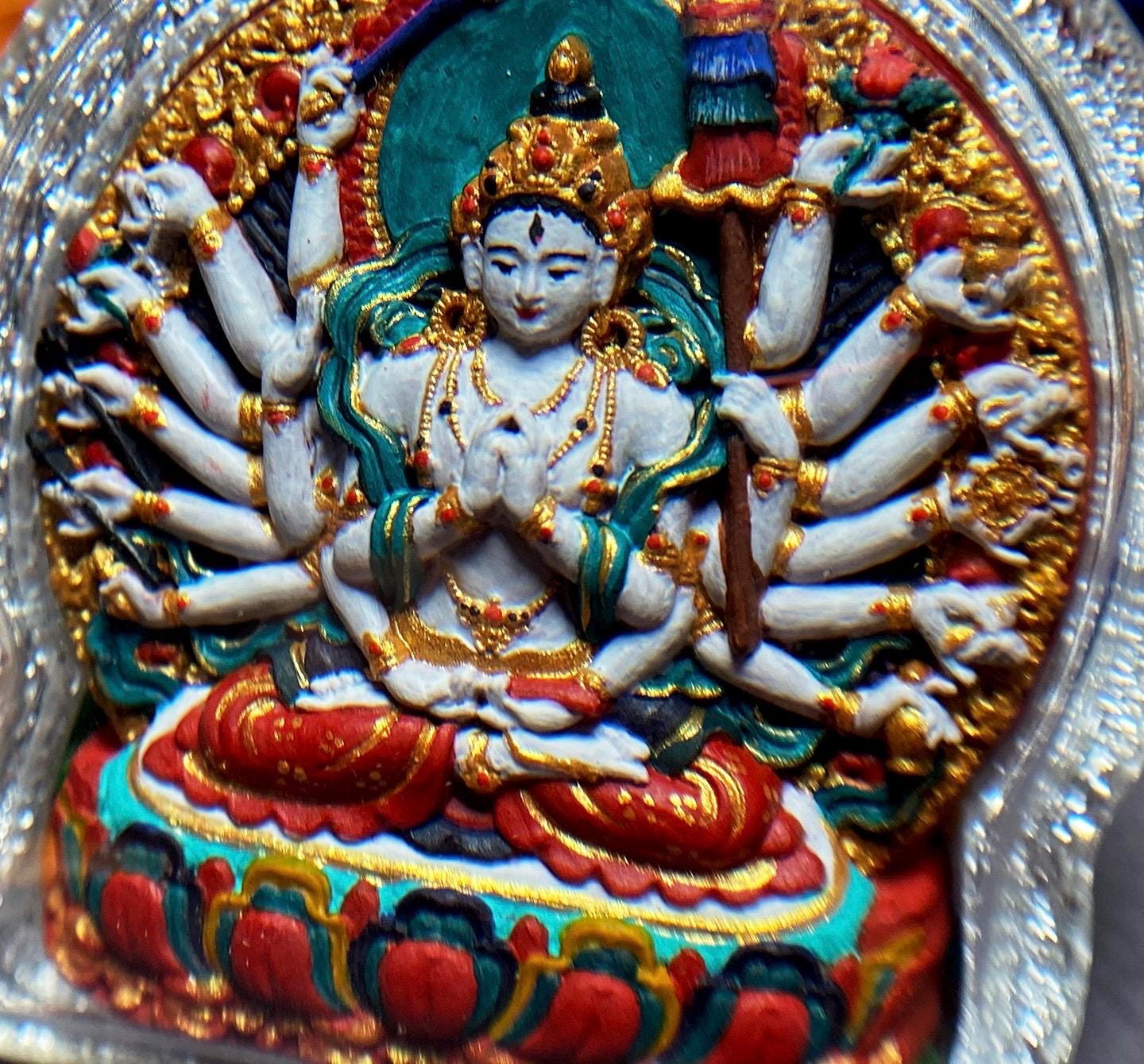 Hand-Painted Cundi Bodhisattva Tsatsa Pendant, Mineral Painted Tibetan Amulet, Eighteen-Armed Mother of Buddhas Gau Box Necklace