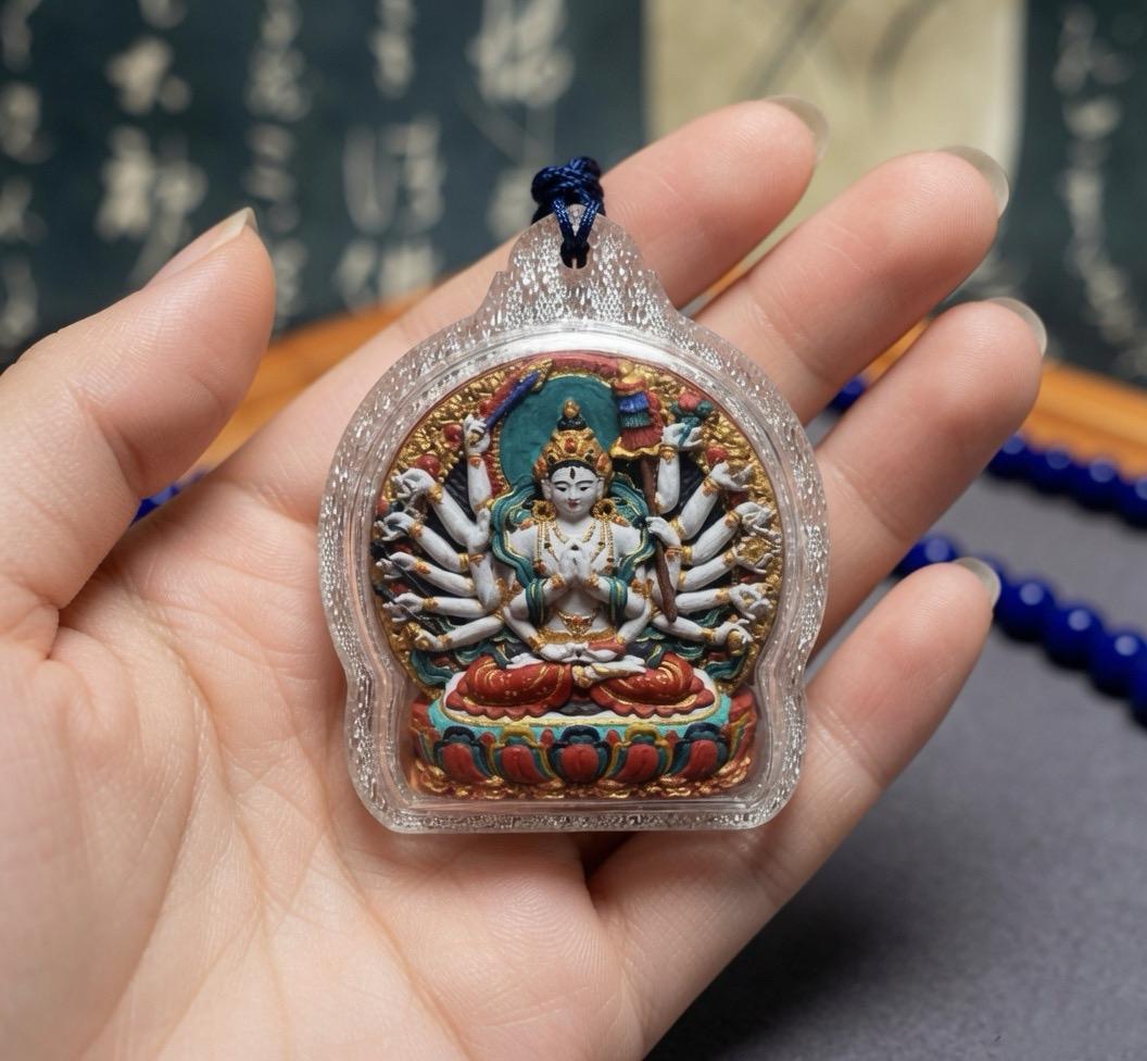 Hand-Painted Cundi Bodhisattva Tsatsa Pendant, Mineral Painted Tibetan Amulet, Eighteen-Armed Mother of Buddhas Gau Box Necklace