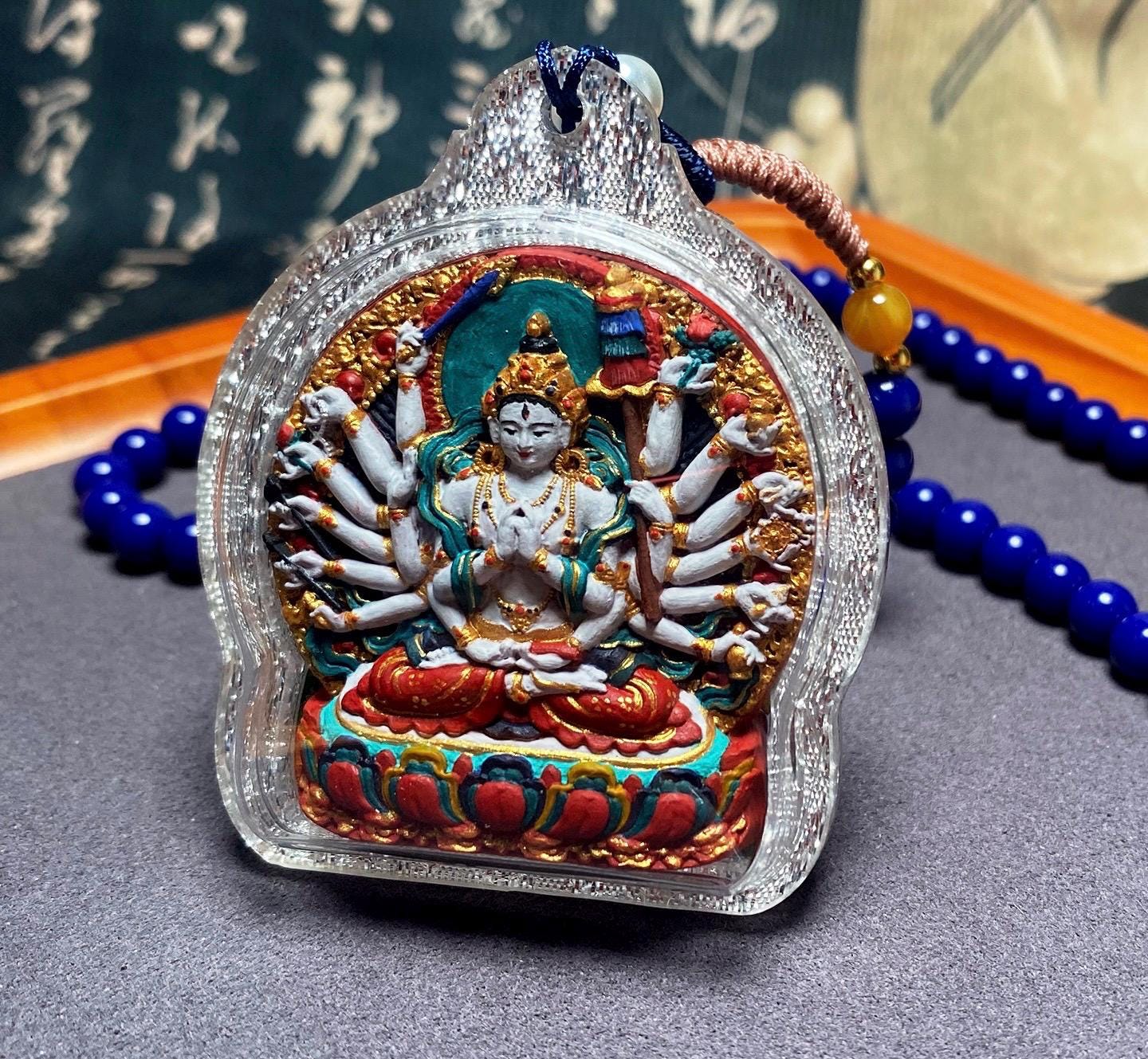 Hand-Painted Cundi Bodhisattva Tsatsa Pendant, Mineral Painted Tibetan Amulet, Eighteen-Armed Mother of Buddhas Gau Box Necklace