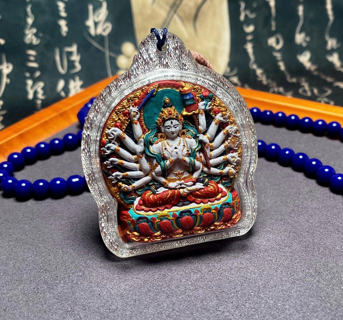 Hand-Painted Cundi Bodhisattva Tsatsa Pendant, Mineral Painted Tibetan Amulet, Eighteen-Armed Mother of Buddhas Gau Box Necklace