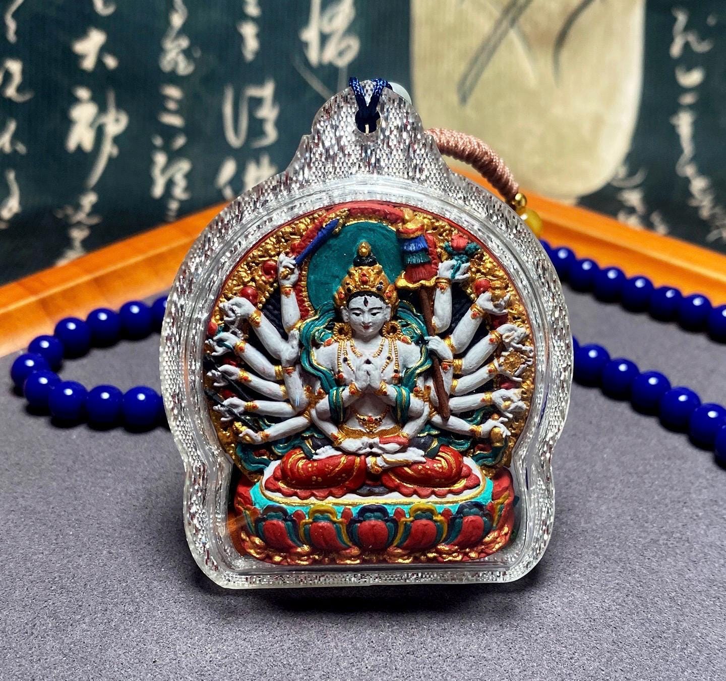 Hand-Painted Cundi Bodhisattva Tsatsa Pendant, Mineral Painted Tibetan Amulet, Eighteen-Armed Mother of Buddhas Gau Box Necklace