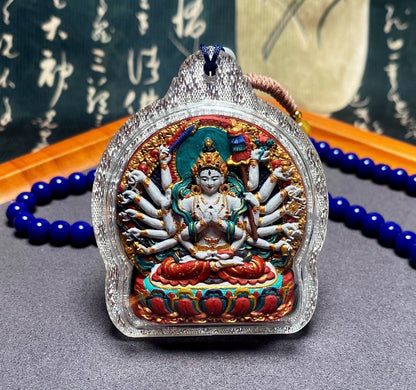 Hand-Painted Cundi Bodhisattva Tsatsa Pendant, Mineral Painted Tibetan Amulet, Eighteen-Armed Mother of Buddhas Gau Box Necklace