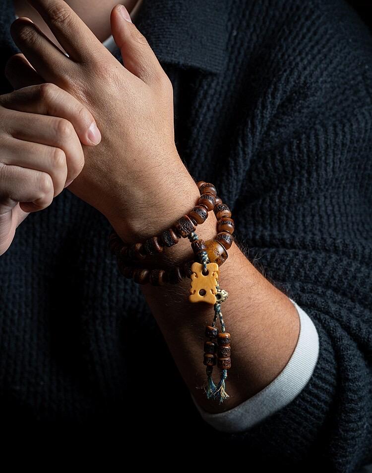 Genuine Tibetan Yak Bone Mala Bracelet for Men, Vintage Double Loop Bead Bracelet, Buddhist Prayer Beads, Unique Gift for Him