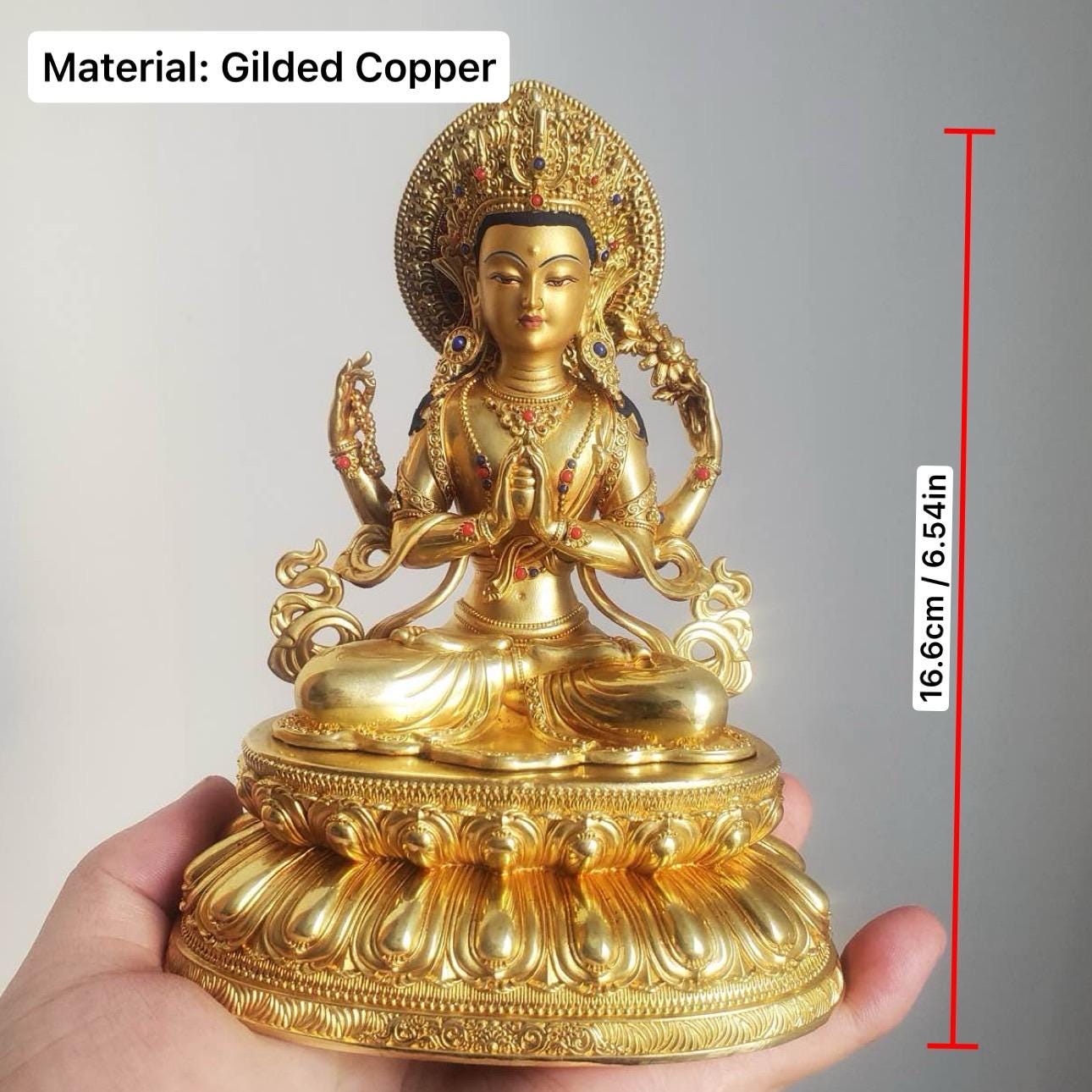 Gilded Copper Four Armed Avalokiteshvara Statue, Nepalese Buddha Figurine, Painted Chenrezig Bodhisattva Deity Altarpiece Home Decor Gift