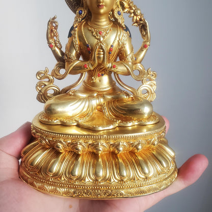 Gilded Copper Four Armed Avalokiteshvara Statue, Nepalese Buddha Figurine, Painted Chenrezig Bodhisattva Deity Altarpiece Home Decor Gift