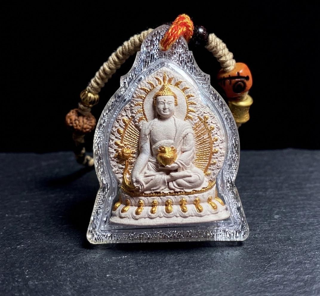 Hand Painted Medicine Buddha Pendant, Tibetan Tsa Tsa Sacred Incense Ash Necklace, Miniature Thangka Buddhist Amulet Protection Jewelry