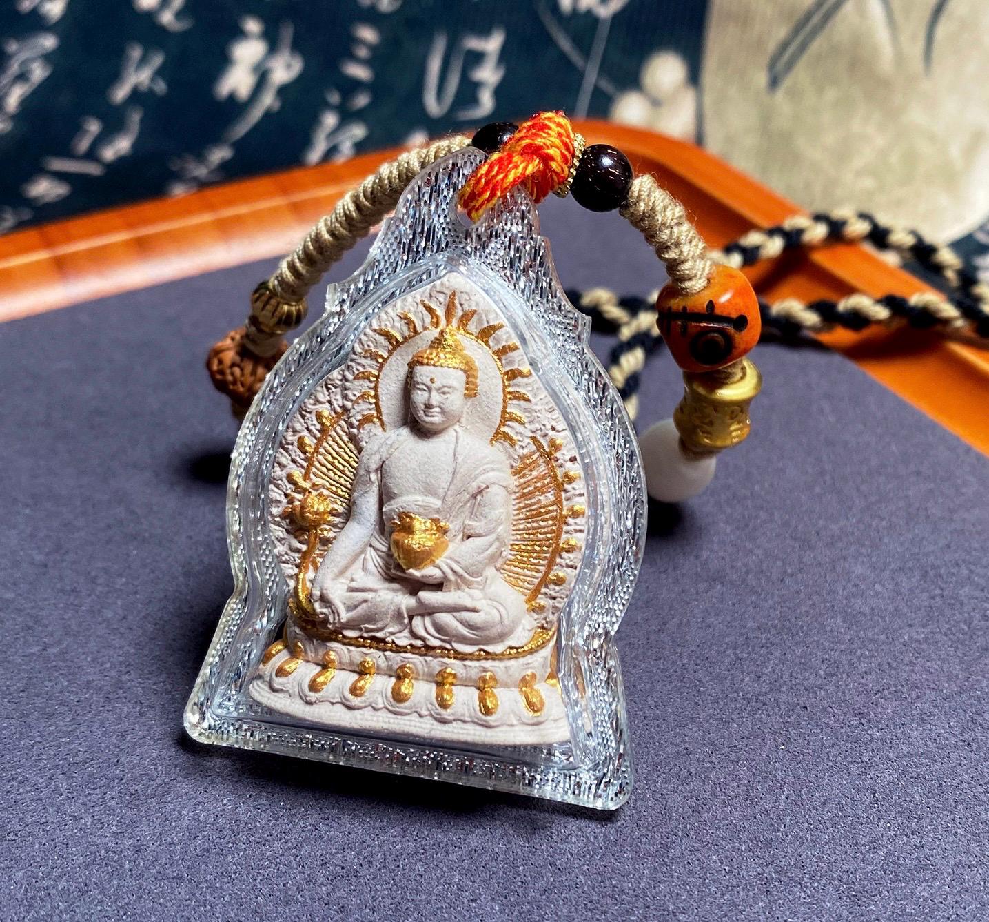 Hand Painted Medicine Buddha Pendant, Tibetan Tsa Tsa Sacred Incense Ash Necklace, Miniature Thangka Buddhist Amulet Protection Jewelry