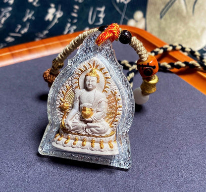Hand Painted Medicine Buddha Pendant, Tibetan Tsa Tsa Sacred Incense Ash Necklace, Miniature Thangka Buddhist Amulet Protection Jewelry