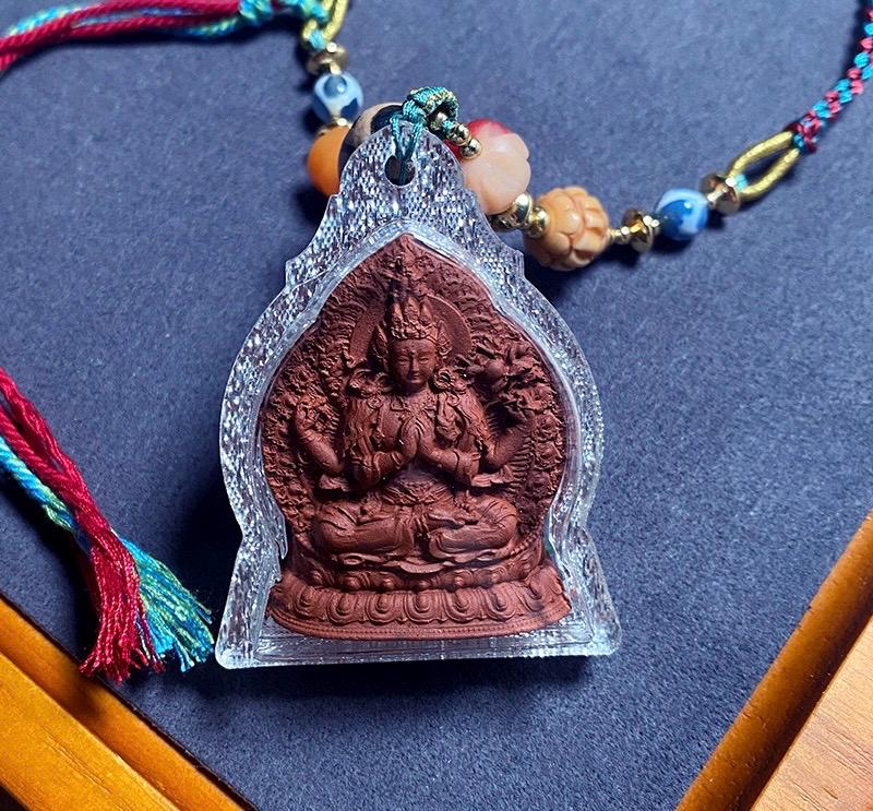 Four-Armed Chenrezig Tsa Tsa Amulet Pendant, Tibetan Gau Box Necklace, Avalokiteshvara Buddha Thangka Pendant, Buddhist Protection Jewelry