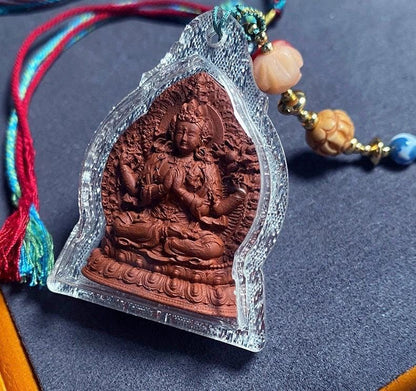 Four-Armed Chenrezig Tsa Tsa Amulet Pendant, Tibetan Gau Box Necklace, Avalokiteshvara Buddha Thangka Pendant, Buddhist Protection Jewelry