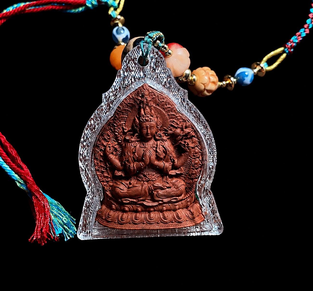 Four-Armed Chenrezig Tsa Tsa Amulet Pendant, Tibetan Gau Box Necklace, Avalokiteshvara Buddha Thangka Pendant, Buddhist Protection Jewelry
