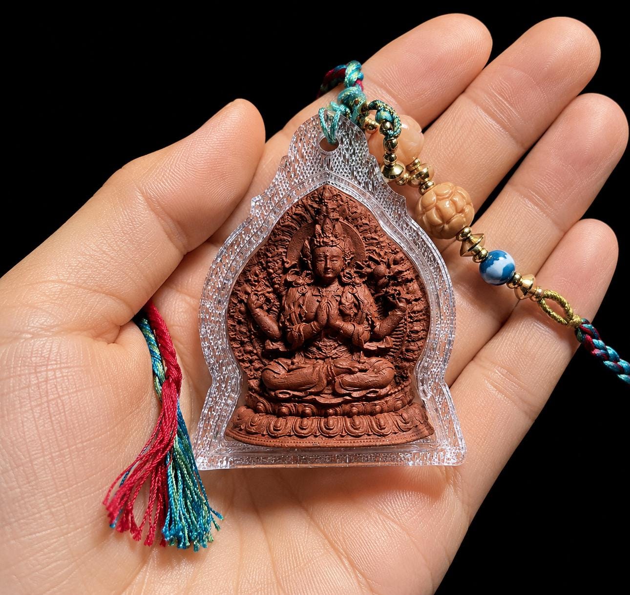 Four-Armed Chenrezig Tsa Tsa Amulet Pendant, Tibetan Gau Box Necklace, Avalokiteshvara Buddha Thangka Pendant, Buddhist Protection Jewelry