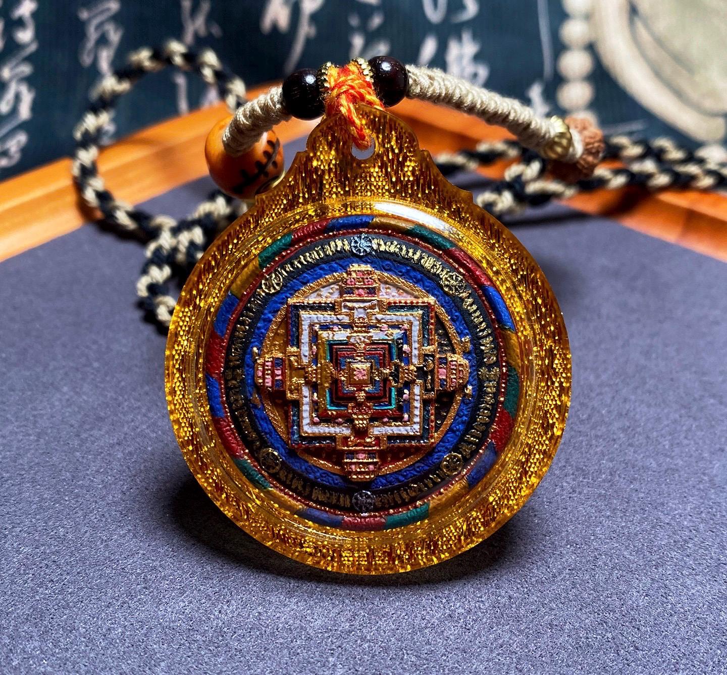 Handpainted Kalachakra Mandala Tibetan Tsatsa Pendant, Mineral Pigment Thangka Necklace, Medicinal Clay Buddhist Amulet,Spiritual Protection