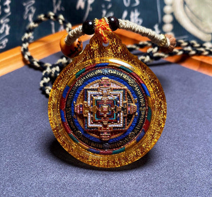 Handpainted Kalachakra Mandala Tibetan Tsatsa Pendant, Mineral Pigment Thangka Necklace, Medicinal Clay Buddhist Amulet,Spiritual Protection