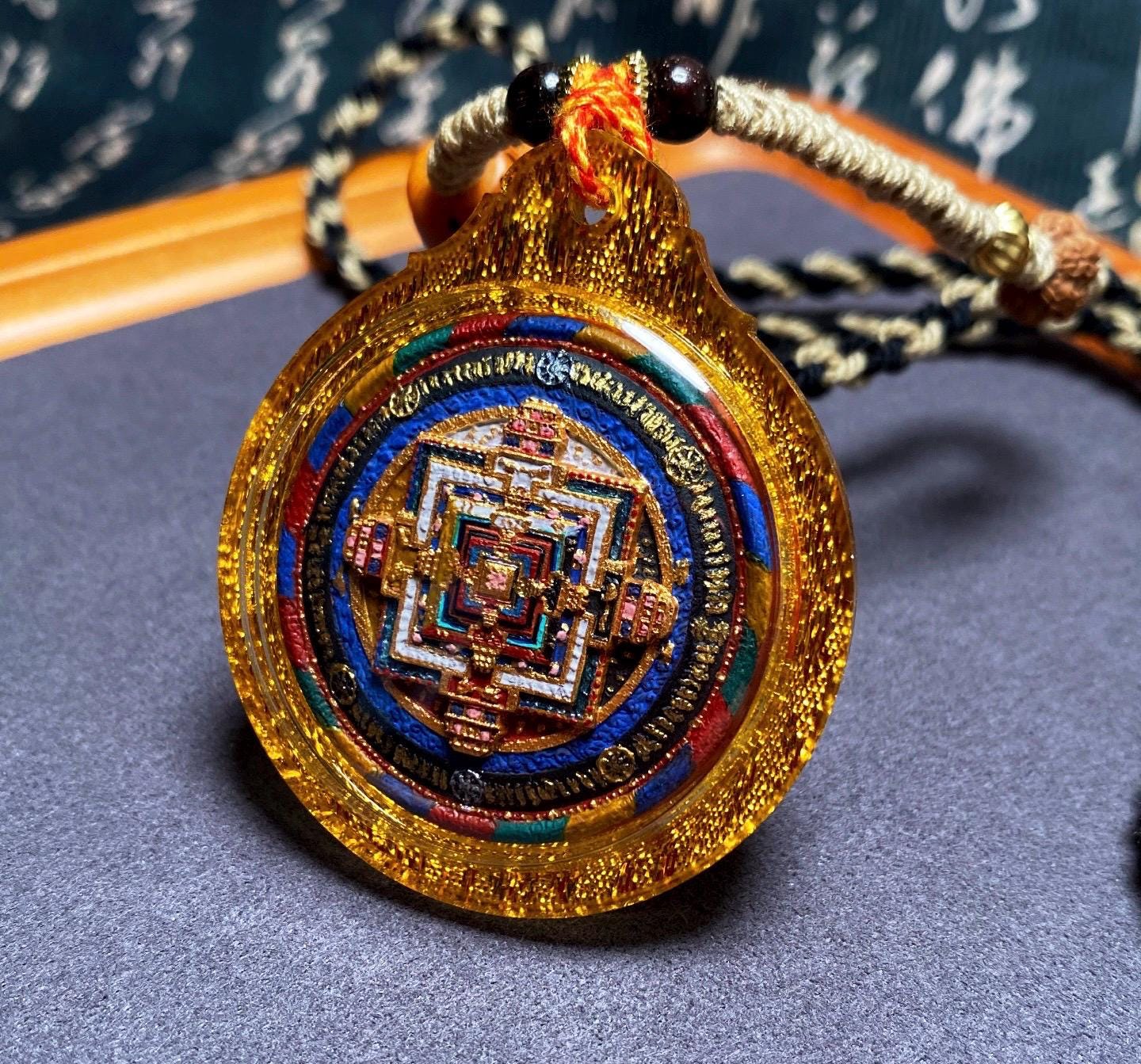Handpainted Kalachakra Mandala Tibetan Tsatsa Pendant, Mineral Pigment Thangka Necklace, Medicinal Clay Buddhist Amulet,Spiritual Protection