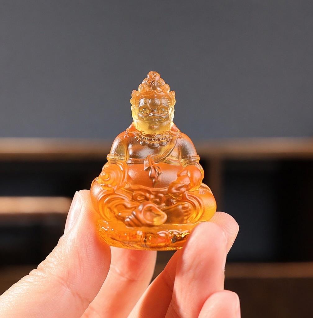 Mini Yellow Dzambhala Statue, 2" Liuli Glass Buddha, Feng Shui Car Dashboard Decor, God of Wealth Office Desk Ornament, Buddhist Gift