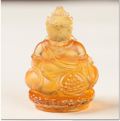 Mini Yellow Dzambhala Statue, 2" Liuli Glass Buddha, Feng Shui Car Dashboard Decor, God of Wealth Office Desk Ornament, Buddhist Gift