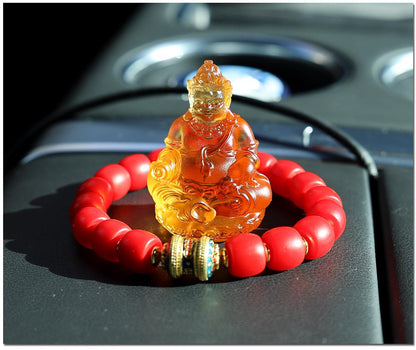 Mini Yellow Dzambhala Statue, 2" Liuli Glass Buddha, Feng Shui Car Dashboard Decor, God of Wealth Office Desk Ornament, Buddhist Gift