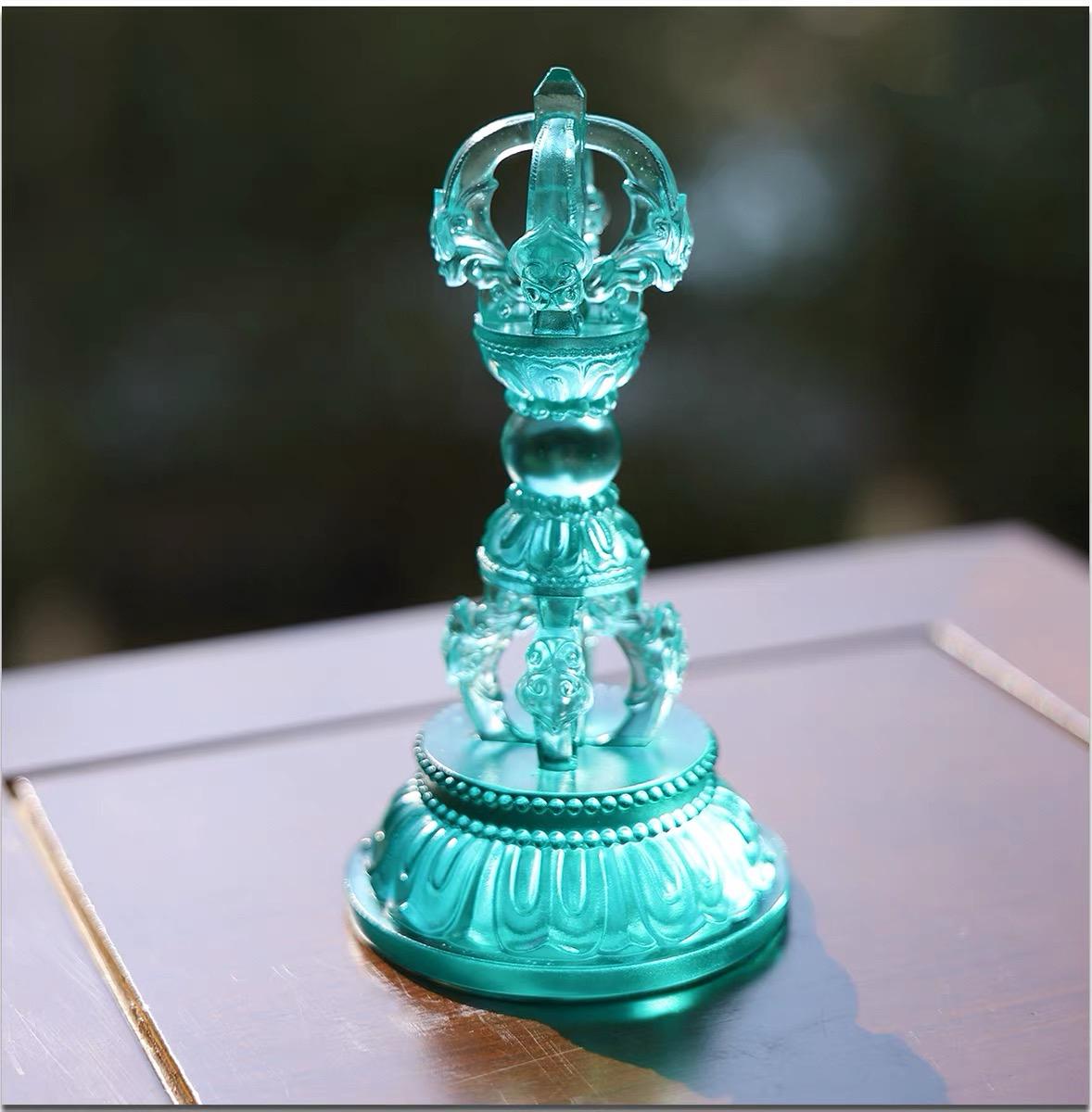 Liuli Vajra Pestle with Lotus Base, Chinese Buddhist Altar Decor, Colored Glaze Dorje Phurba, Feng Shui Meditation Ornament