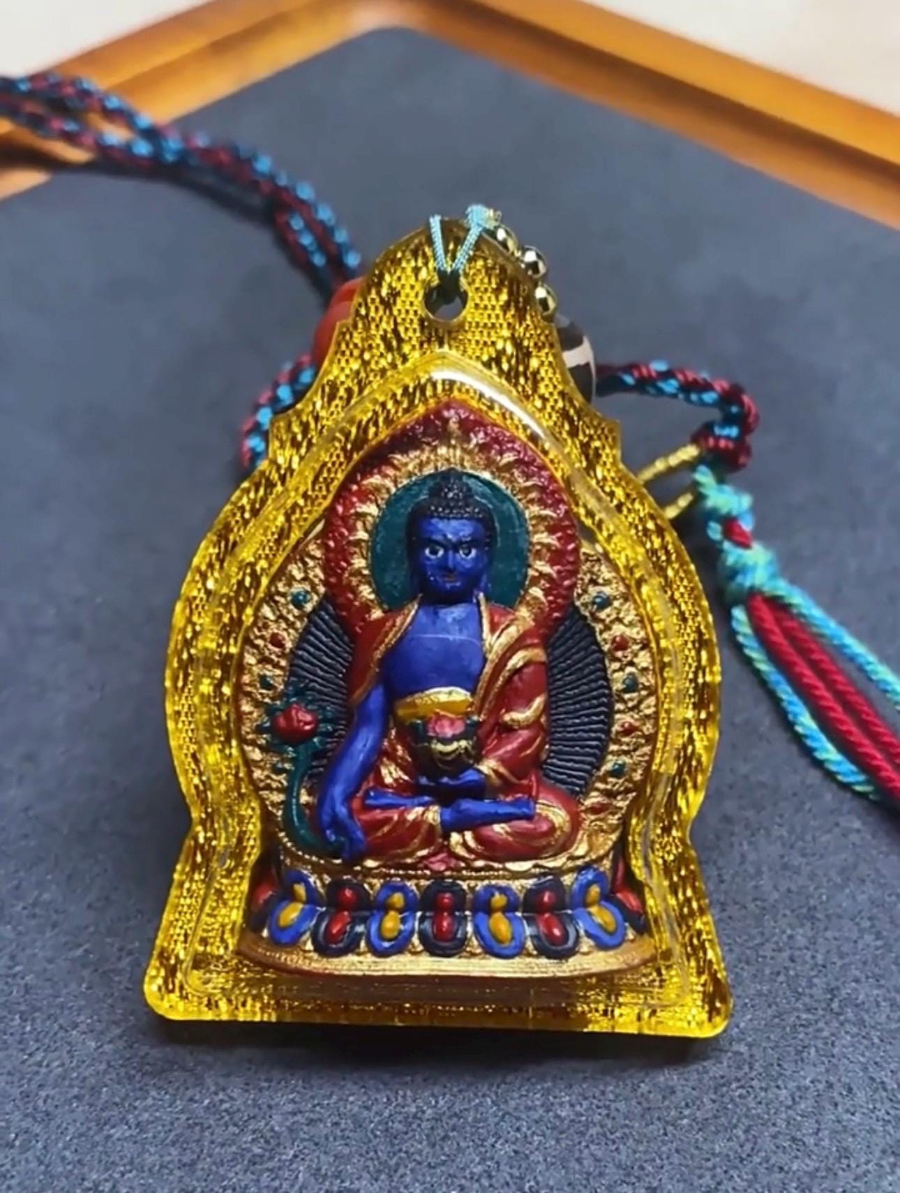 Handpainted Medicine Buddha Thangka Pendant, Mineral Pigment Tibetan Tsa Tsa Necklace, Buddhist Amulet Talisman Meditation Gift