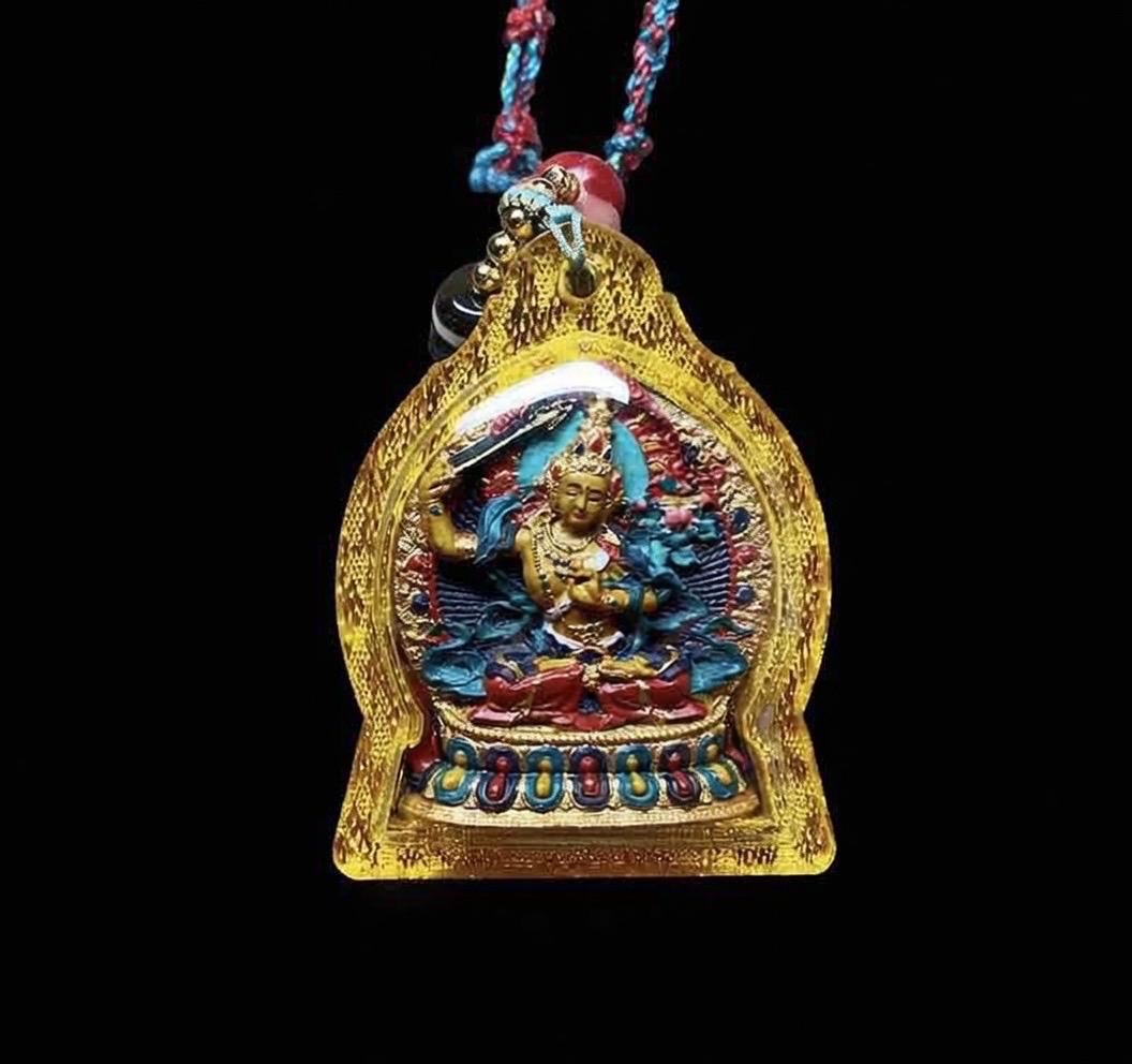 Hand Painted Manjushri Thangka Amulet, Mineral Pigment Tibetan Tsa-Tsa Pendant, Sacred Buddhist Jewelry, Zodiac Protector Talisman