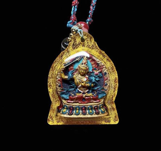 Hand Painted Manjushri Thangka Amulet, Mineral Pigment Tibetan Tsa-Tsa Pendant, Sacred Buddhist Jewelry, Zodiac Protector Talisman
